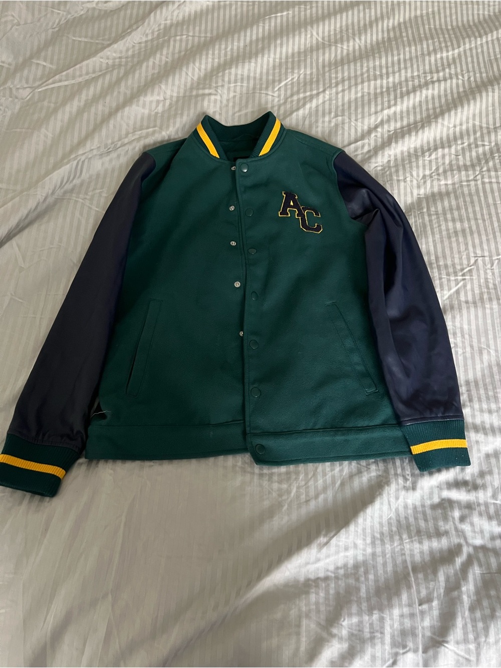 Vintage Green and Navy Letterman Jacket with Yellow Trim